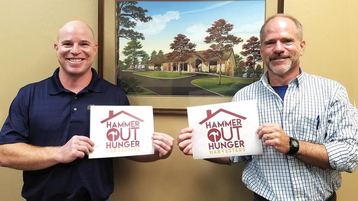 Team captains for the Home Builders Association’s Hammer Out Hunger competition are Tommy Bickimer (left) of Bickimer Homes for the Kansas team, and Patrick Willis of Willis Custom Homes for the Missouri team (right).