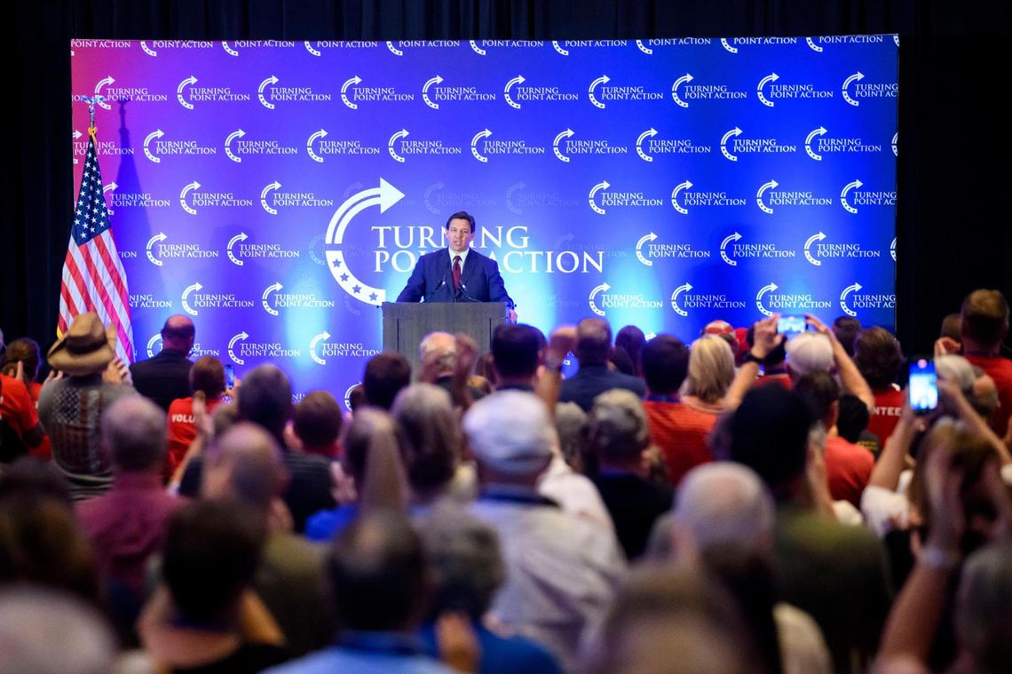 Florida Gov. Ron DeSantis received several standing ovations during his speech at the Turning Point Action rally Sunday at the Embassy Suites in Olathe.