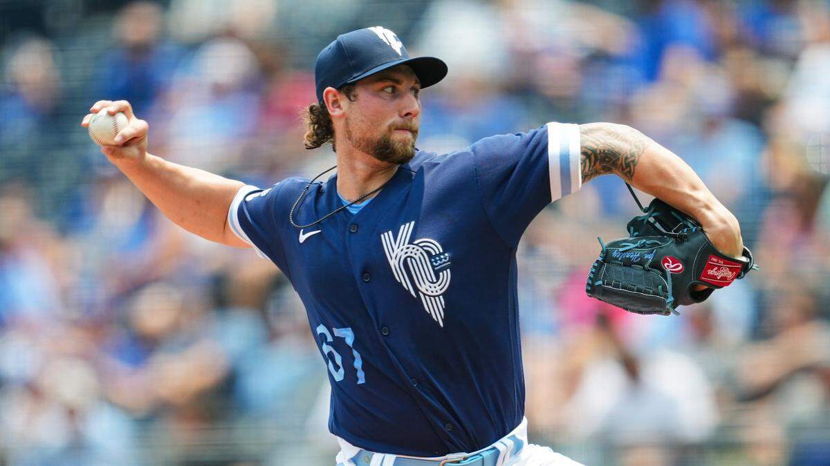 Kansas City Royals starting pitcher Alec Marsh (67) pitches during the first inning against the Tampa Bay Rays at Kauffman Stadium on July 15, 2023.