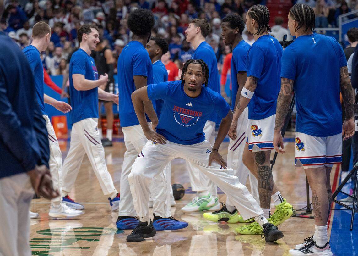Kansas Jayhawks guard Darryn Peterson (22) warms up before the game against the Cincinnati Bearcats at Allen Fieldhouse on Saturday, Feb. 21, 2026, in Lawrence, Kansas.