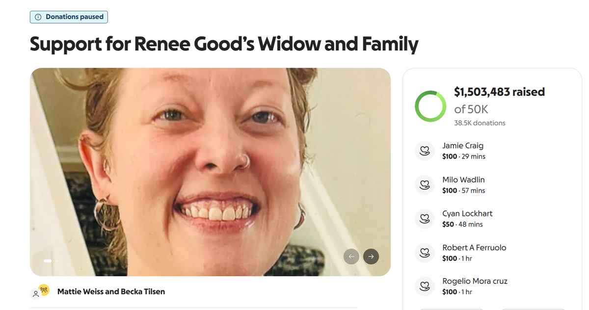 Renee Good is pictured in this GoFundMe fundraiser. As of midday Friday, more than 38,000 donors had given $1.5 million. Screenshot from GoFundMe.