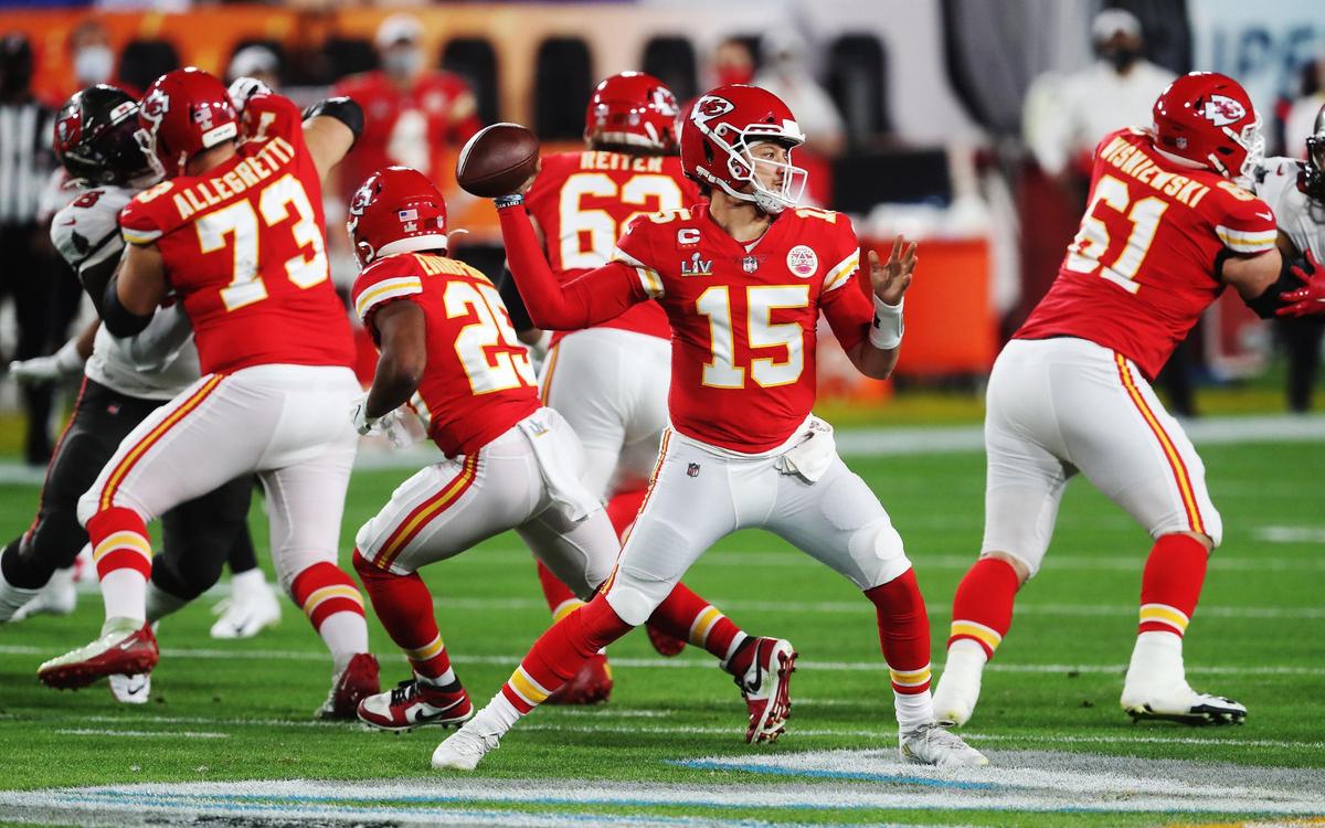 Kansas City Chiefs quarterback Patrick Mahomes throws during the first quarterSunday, February 7, 2021, in Super Bowl LV at Raymond James Stadium in Tampa, Florida.