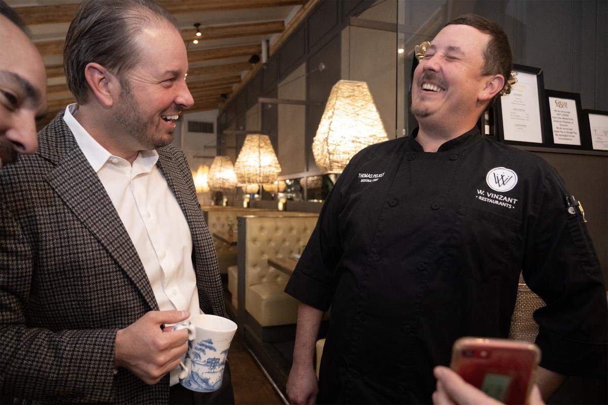Whitney VinZant, left, chief executive officer of W. VinZant Restaurants, shares a laugh with Thomas Pelkey, regional chef, after a meeting at Gram & Dun on the Country Club Plaza. 