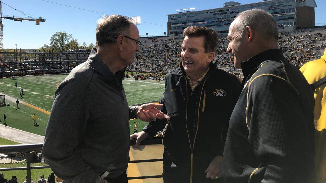 Missouri football history spanning decades, with, from left, former coaches Bob Stull, Warren Powers and Gary Pinkel at Faurot Field.