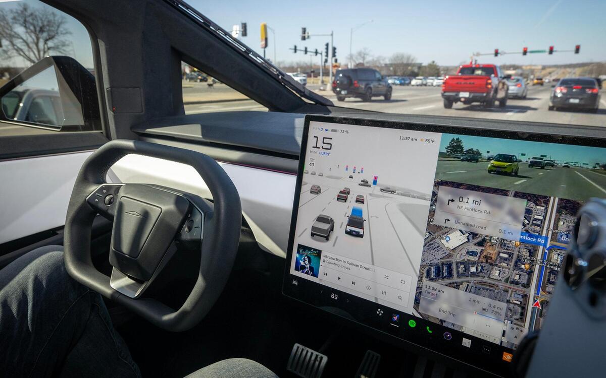 The interior of Jay O’Brien’s Tesla Cybertruck, which features autopilot and self-driving features.