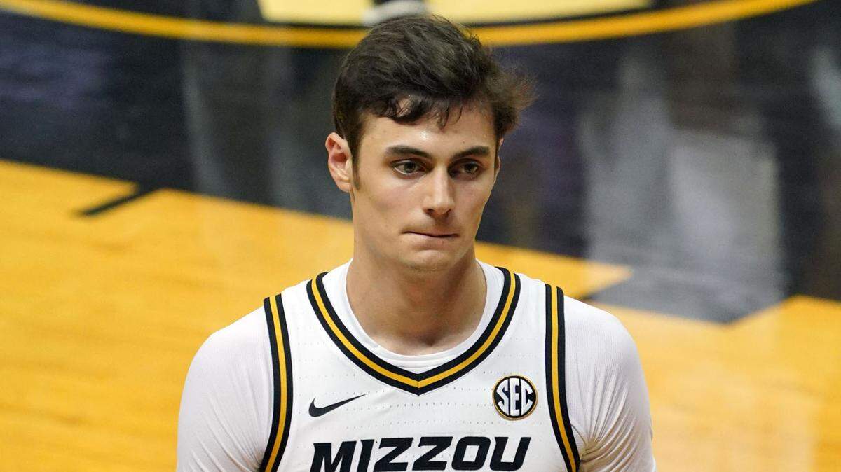 Missouri Tigers forward Parker Braun (42) leaves the court after a game against the Oral Roberts Golden Eagles at Mizzou Arena in Columbia on Nov. 25, 2020.