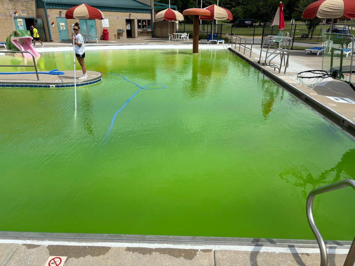 The water at the Mary Williams-Neal Community Center pool turned green. A Kansas City Parks and Recreation representative said damage to the pool’s pump and motor caused the color change. June 25, 2024.