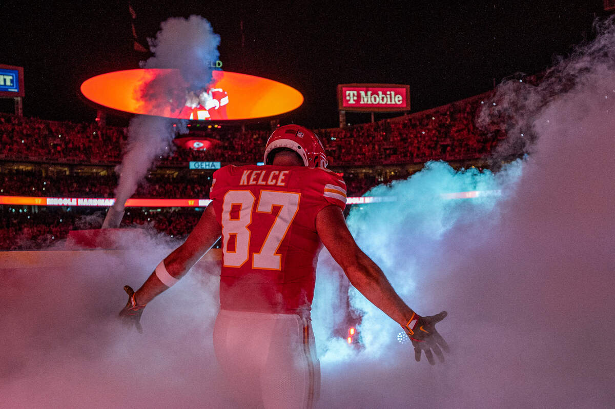 Kansas City Chiefs tight end Travis Kelce walks onto the field for game against the Tampa Bay Buccaneers on Nov. 4, 2024, at Arrowhead Stadium.