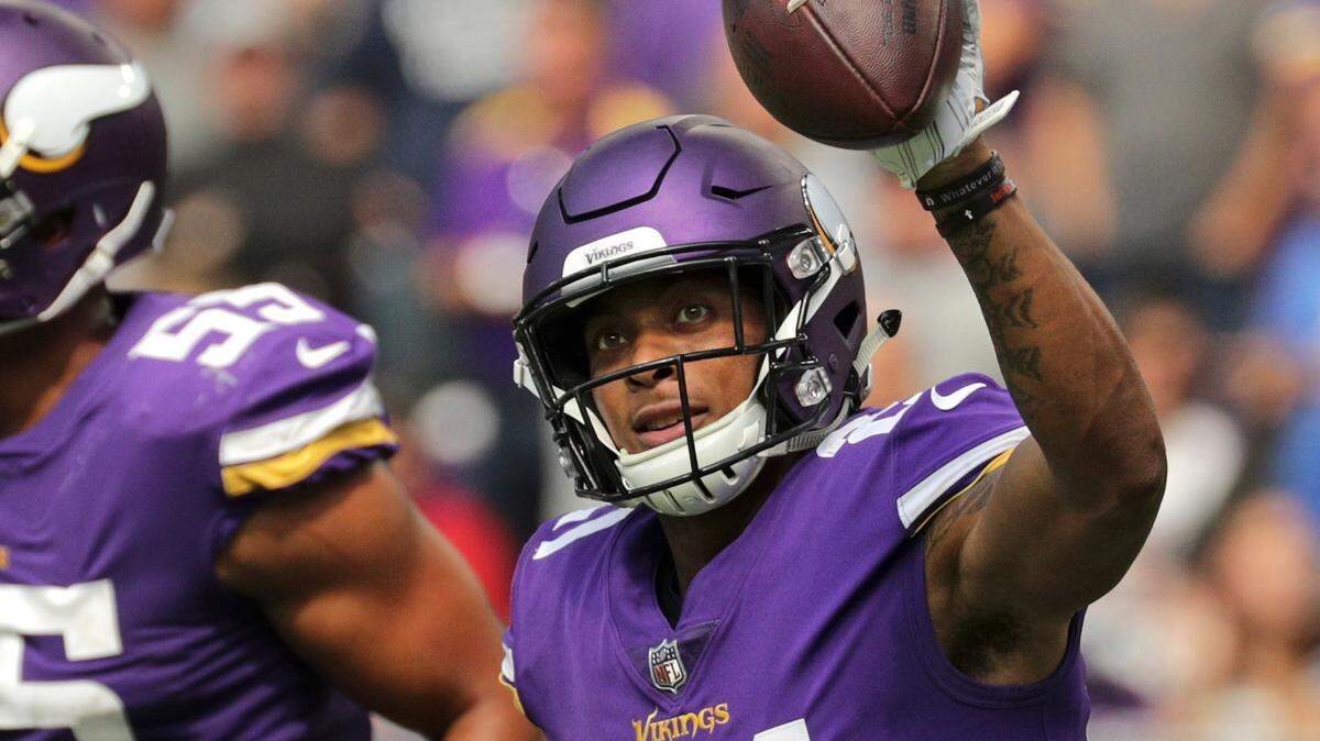 Then a Minnesota Vikings defensive back, Mike Hughes celebrates his pick-six in 2018 against the San Francisco 49ers.
