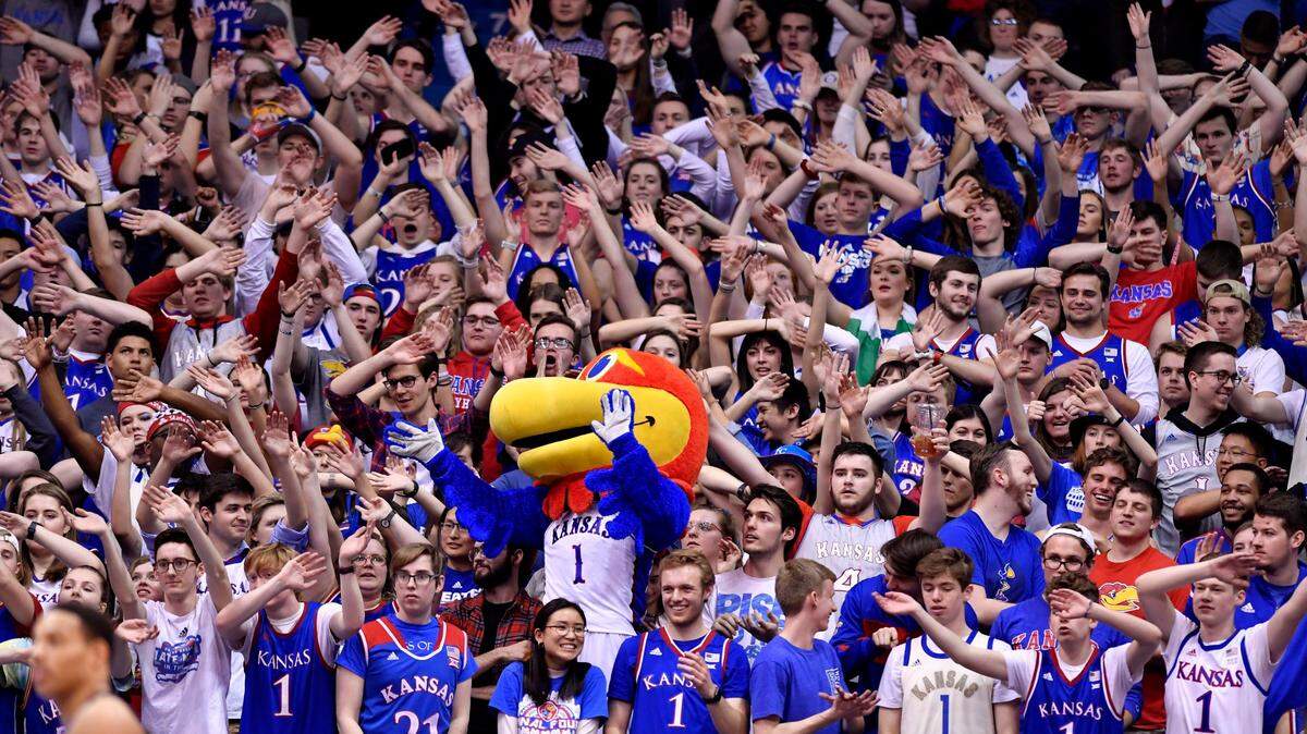 Big Jay led the student section in the south endzone in distracting a TCU free throw shooter during the second half of Wednesday night’s Big 12 Conference game at Allen Fieldhouse. KU beat TCU, 75-66 to clinch at least a share of the Big 12 Conference regular season title.