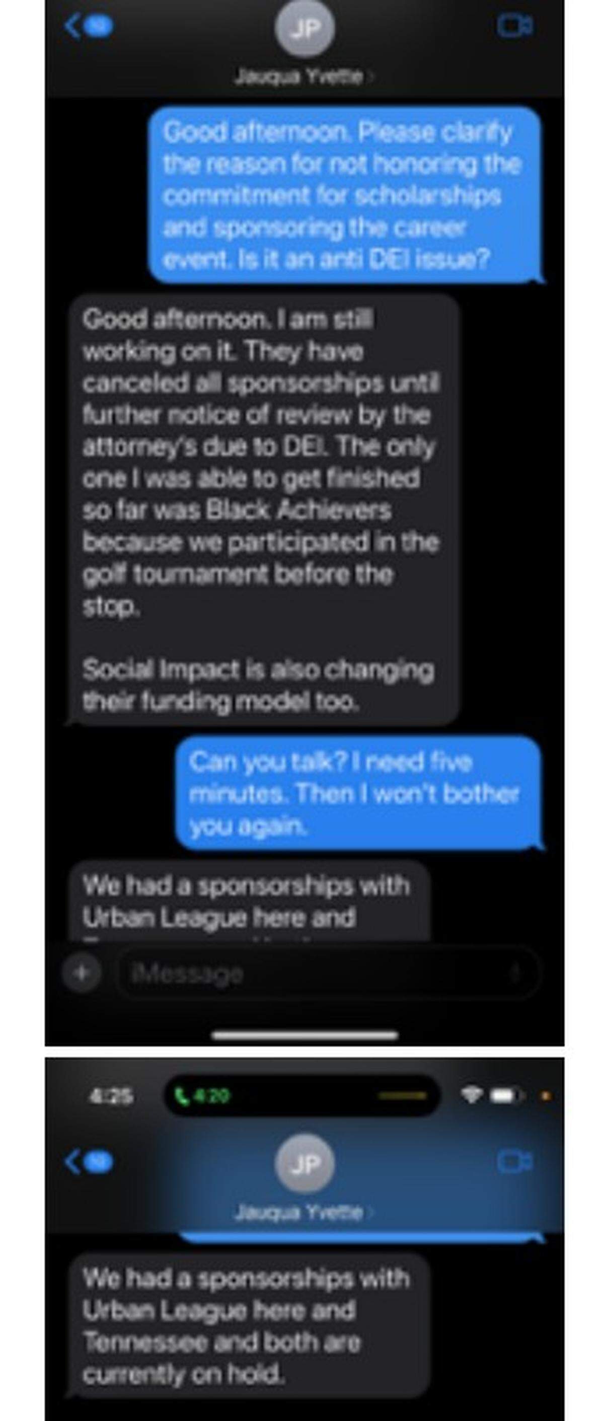 Text thread between Gwen Grant, president of the Urban League of Greater Kansas City (blue), with her contact at Oracle. “They have canceled all sponsorships until further notice . . .due to DEI,” the text reads.
