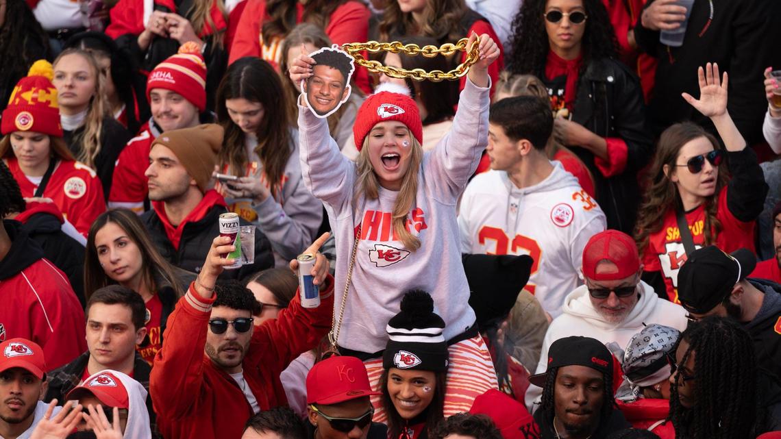 Kansas City Chiefs fans gather in the Power and Light District in downtown Kansas City to watch Super Bowl 58 on Sunday.