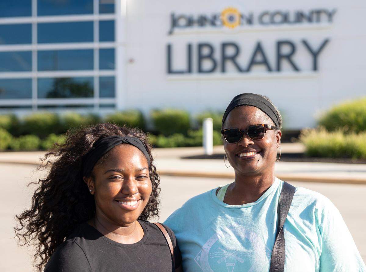 Heaven Jones, left, and Pamela Boyd, shortly after voting at the Johnson County Central Resource Library in Overland Park.