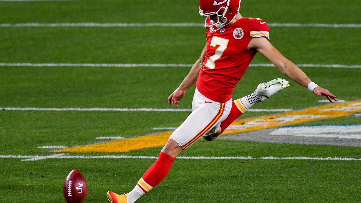 Kansas City Chiefs kicker Harrison Butker kicks off Super Bowl LV between the Chiefs and the Tampa Bay Buccaneers in at Raymond James Stadium in Tampa, Sunday, Feb. 7, 2021. The Buccaneers won, 31-9.