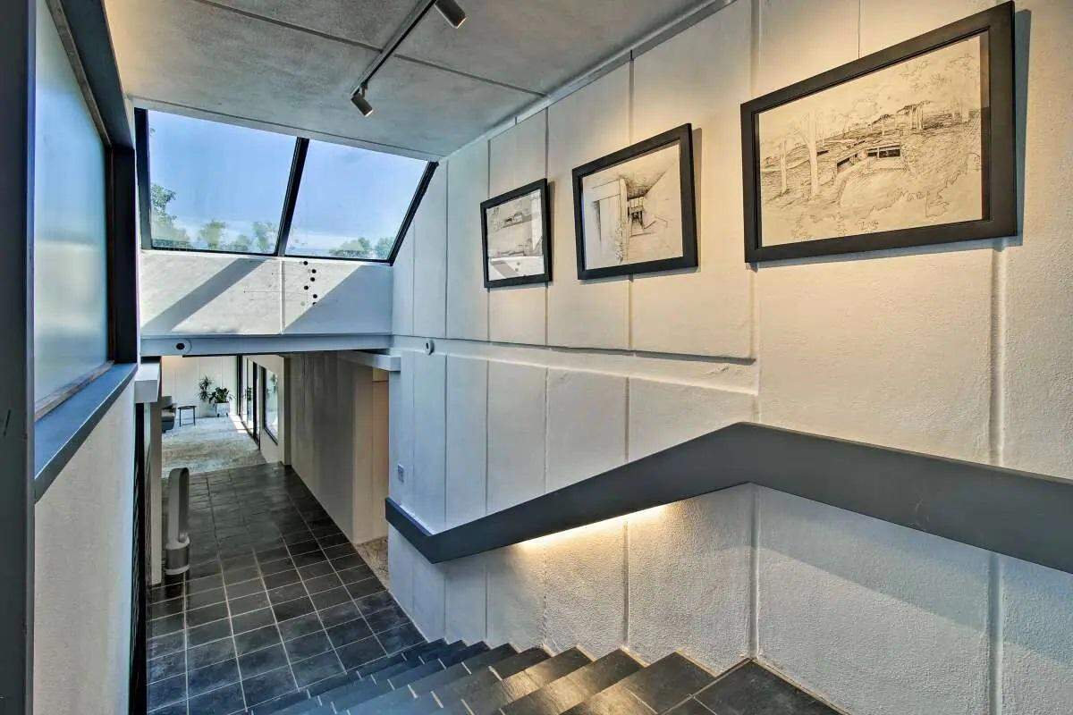 Skylights illuminate the entryway to a subterranean Airbnb in Springfield, Missouri, that can sleep up to 10 people.