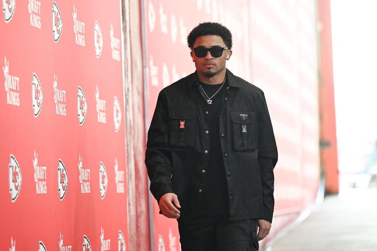 Cornerback Trent McDuffie followed Mahomes’ lead and wore black Prada.