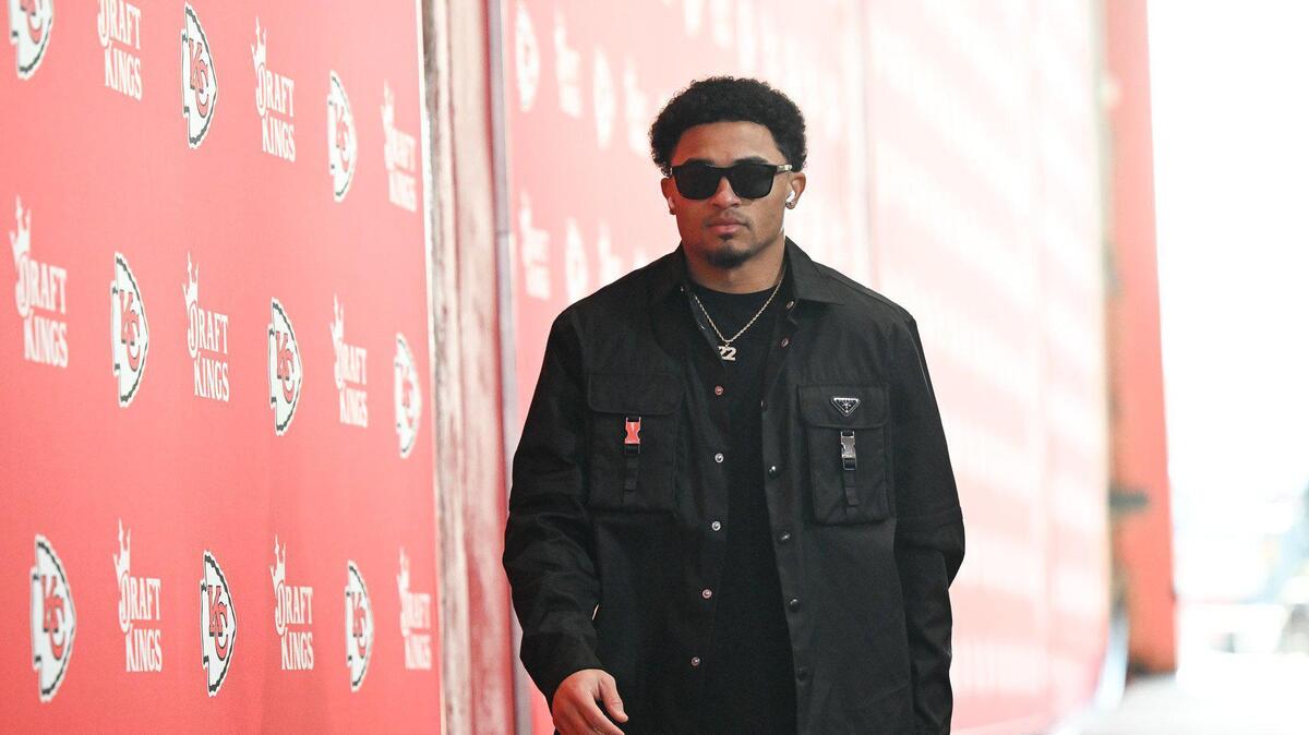 Cornerback Trent McDuffie arrives for a Chiefs game in January 2025.