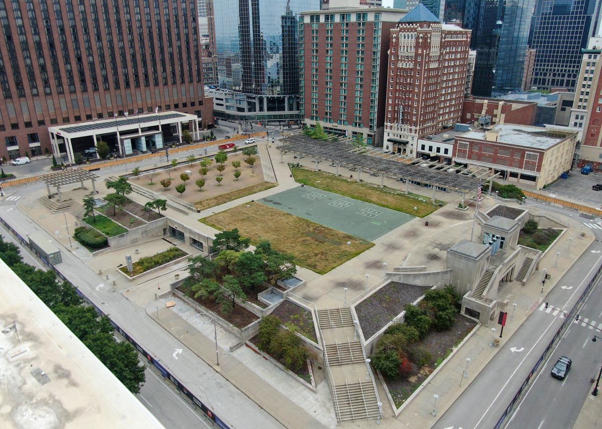 Barney Allis Plaza located near 13th and Wyandotte streets is seen on Tuesday, August. 20, 2024 in Kansas City. After years of debate over the unsafe parking structure beneath the plaza, the plaza is being revitalized with a $119.8 million project. The city hopes to the project is completed in time for the FIFA World Cup matches in the summer of 2026.