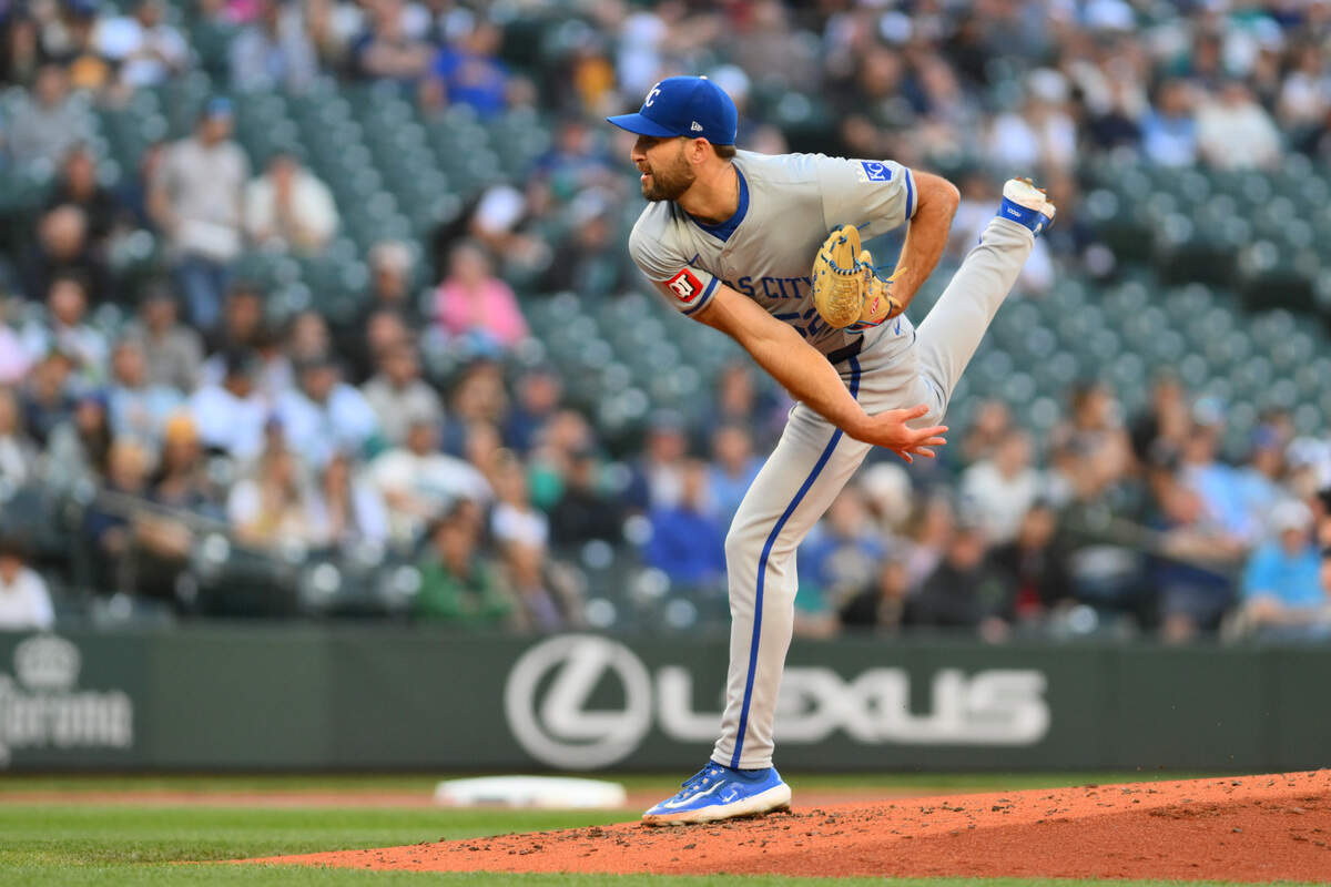 Kansas City Royals starting pitcher Michael Wacha delivers against the Mariners during Tuesday night’s game at T-Mobile Park in Seattle.