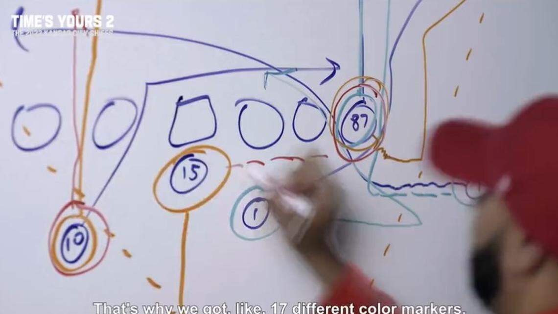 There are lots of different colors on this whiteboard in the office of Chiefs coach Andy Reid.