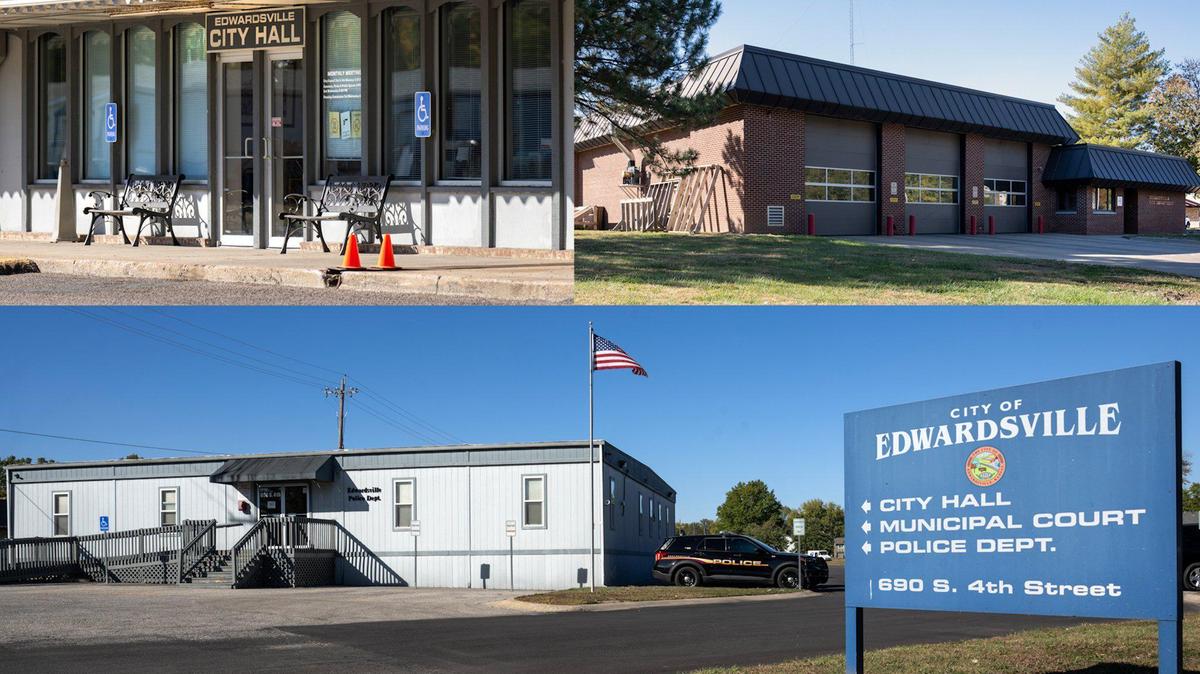Residents of Edwardsville, Kansas, in Wyandotte County will vote in November whether to establish a 1% local sales tax. Officials plan to build a new city hall, upper left, and fire department, upper right, and police station, lower.