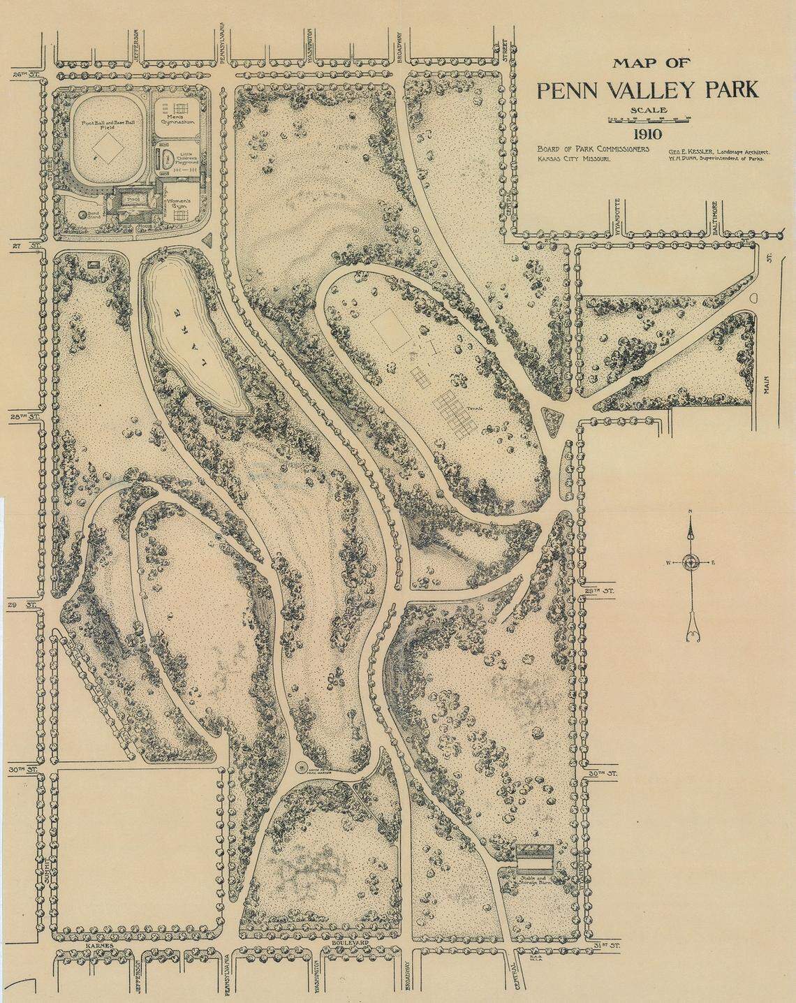 Map of Penn Valley Park, 1910. The northwest corner that originally housed sports fields, gymnasiums, and a pool is now where Southwest Trafficway and Broadway Boulevard meet I-35.