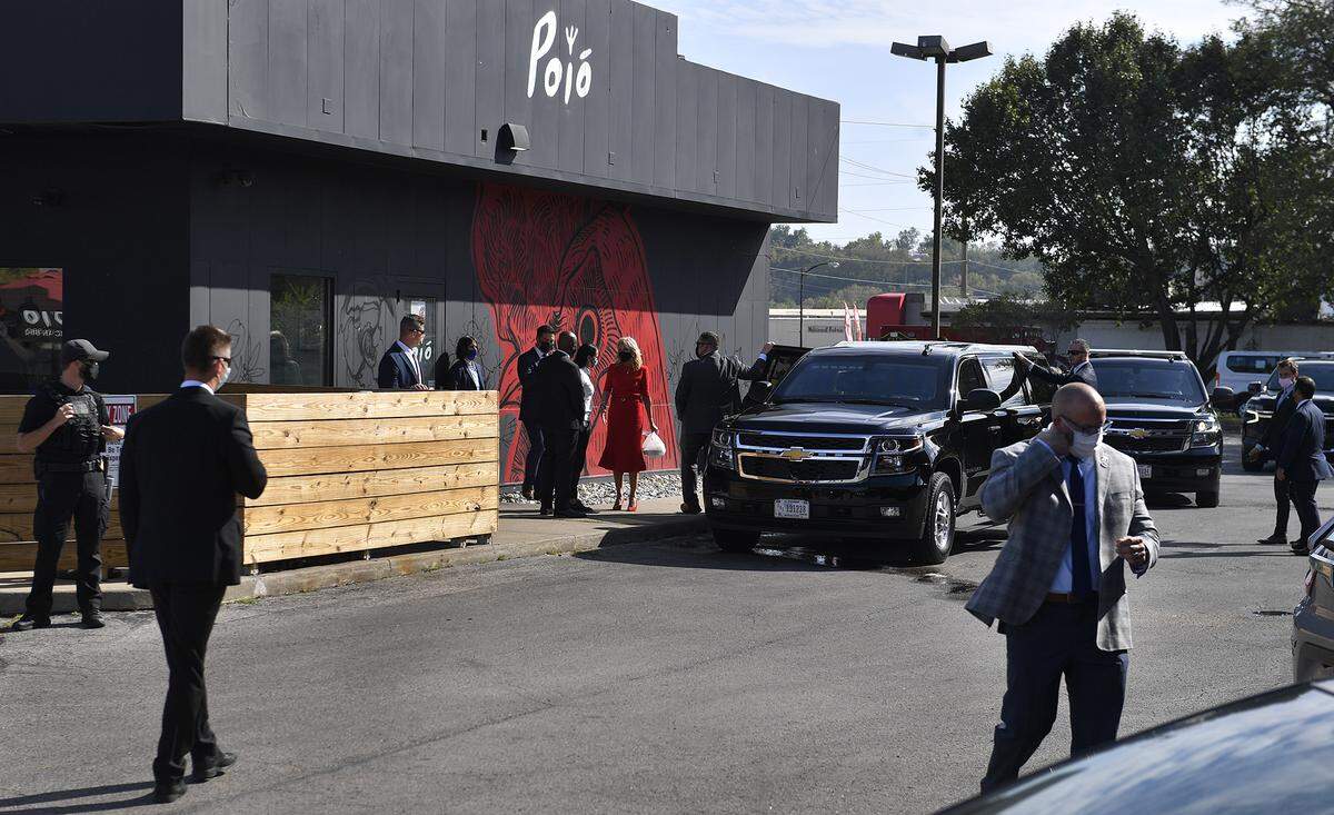 First lady Jill Biden, middle, had her entourage make a pit stop at Poio Mexican BBQ in October in celebration of Hispanic Heritage Month.