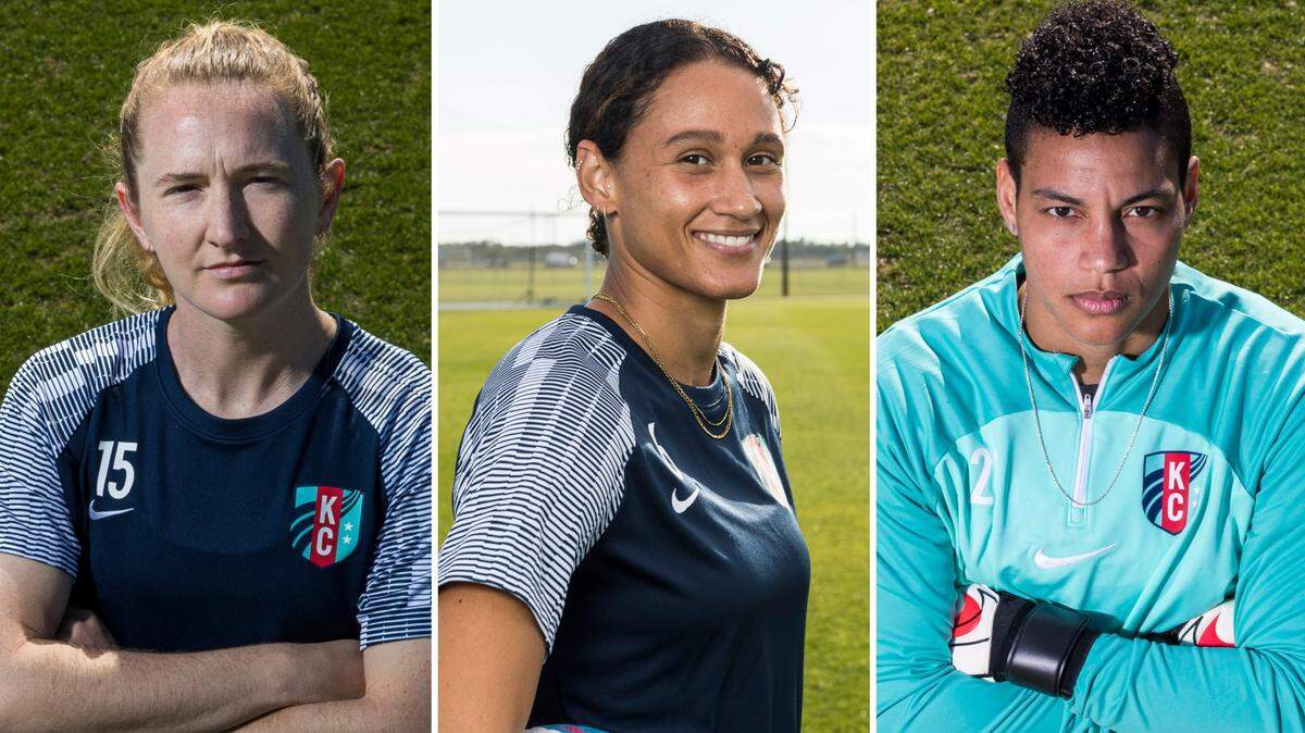The Kansas City Current’s mix of talent for the 2022 NWSL season includes newcomers Sam Mewis, from left, and Lynn Williams. Goalkeeper A.D. Franch, right, returns for her first full season in KC.