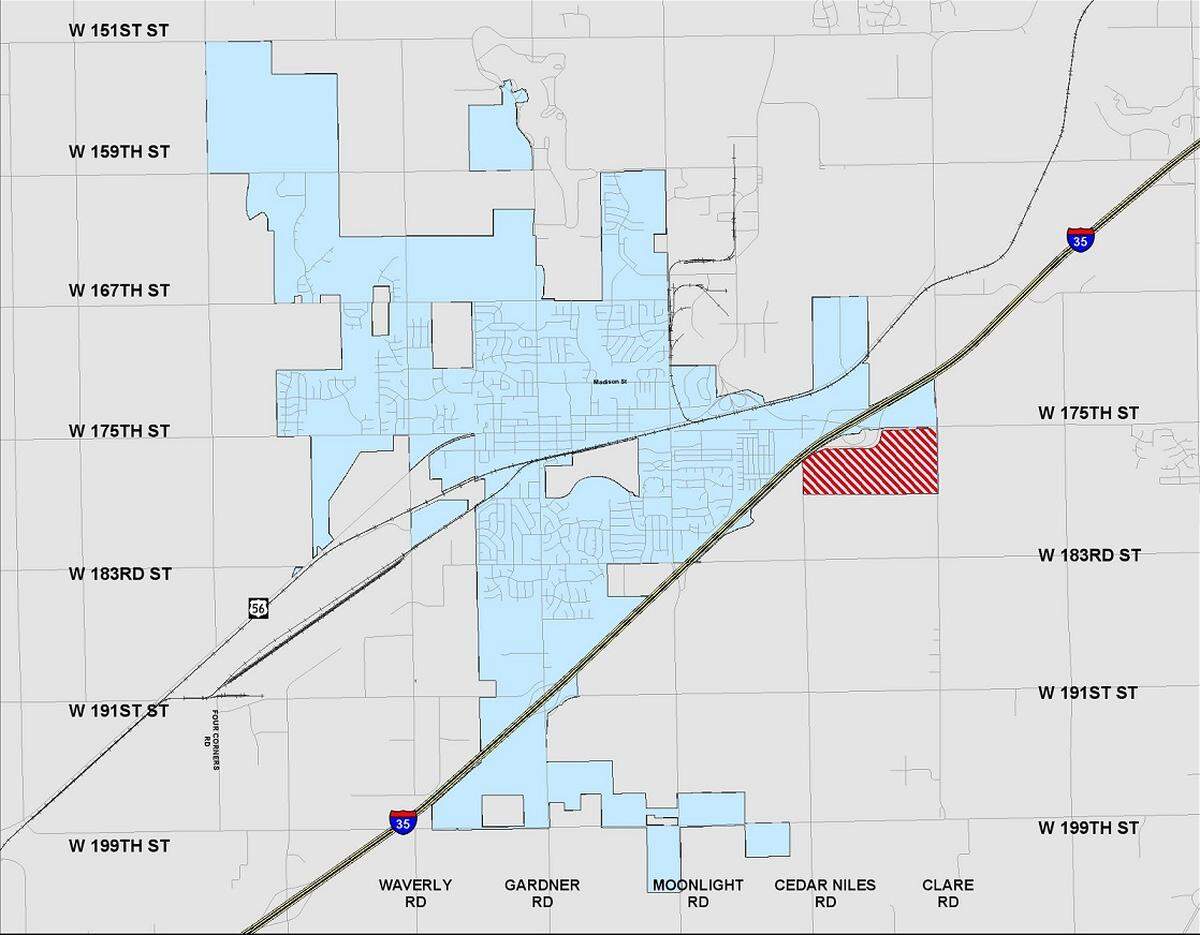 This map shows the location of the $200 million multi-use project to be built by Grata Development. The city of Gardner will start work next spring on electric, water and sewer improvements.
