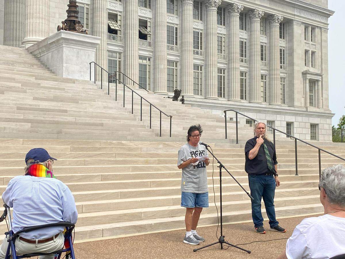 Melinda Hille, a Jefferson County woman who is unable to quality for Missouri’s current state health care program, speaks at a rally in favor of Medicaid expansion on April 27, 2020 at the state Capitol in Jefferson City. Gov. Mike Parson has withdrawn the state’s plan to expand eligibility for the program despite a voter-approved constitutional amendment to do so.