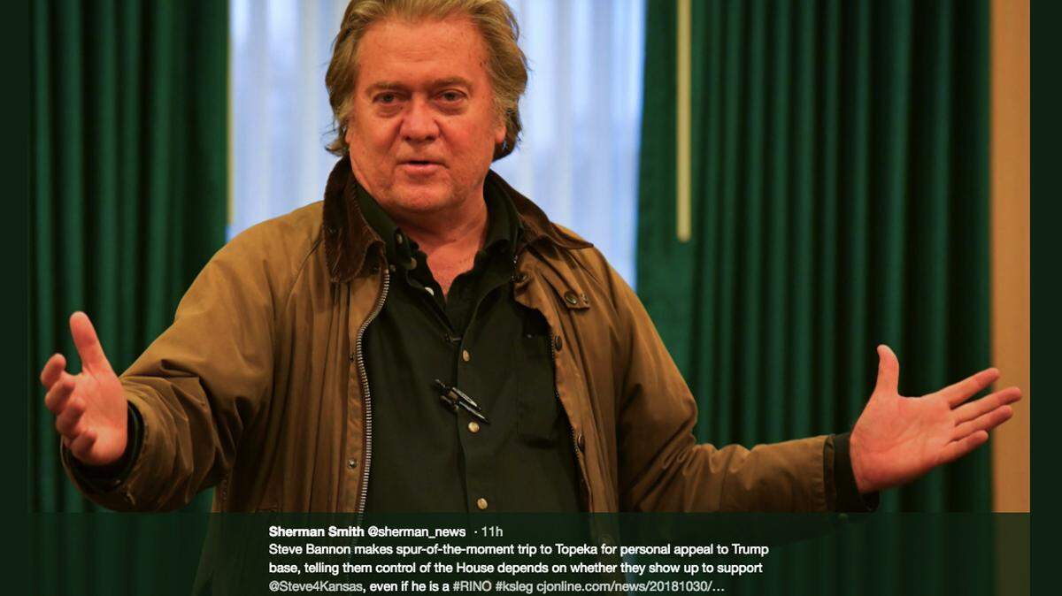 Steve Bannon made an unannounced visit to Topeka on Tuesday to stump for Republican congressional candidate Steve Watkins. The campaign told the Topeka Capital-Journal it had nothing to do with the visit.