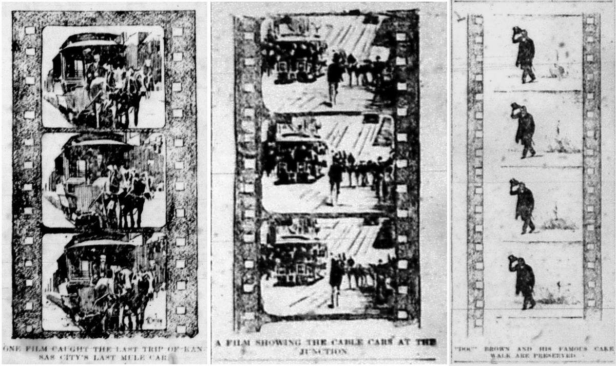 Film strips of Curtiss’ first shots of Kansas City. Left to right, a mule-drawn streetcar, the Junction, and “Doc” Brown (c. 1835-1905) demonstrating his famous cake walk, 1897.