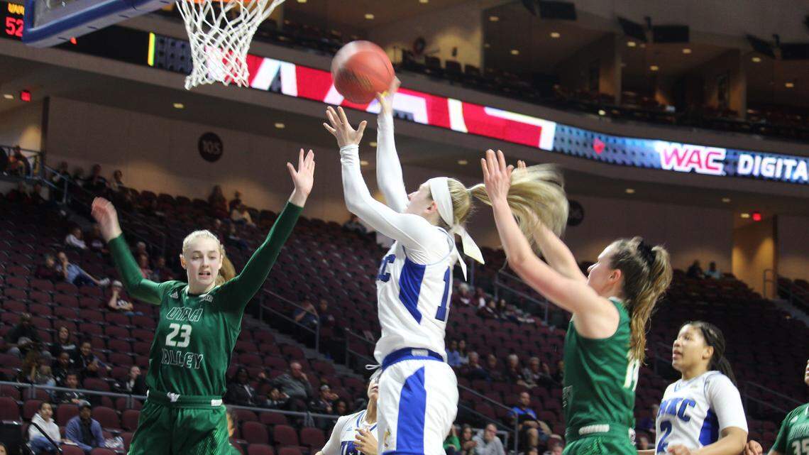 UMKC’s Ericka Mattingly goes up for two of her 27 points in the Kangaroos’ victory over Utah Valley on Wednesday in the WAC Tournament quarterfinals at Orleans Arena in Las Vegas.