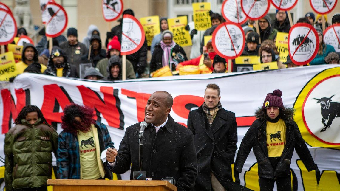 Kansas City Mayor Quinton Lucas speaks during a rally with KC Tenants for their Tenants Bill of Rights outside City Hall Wednesday, Oct. 30, 2019.