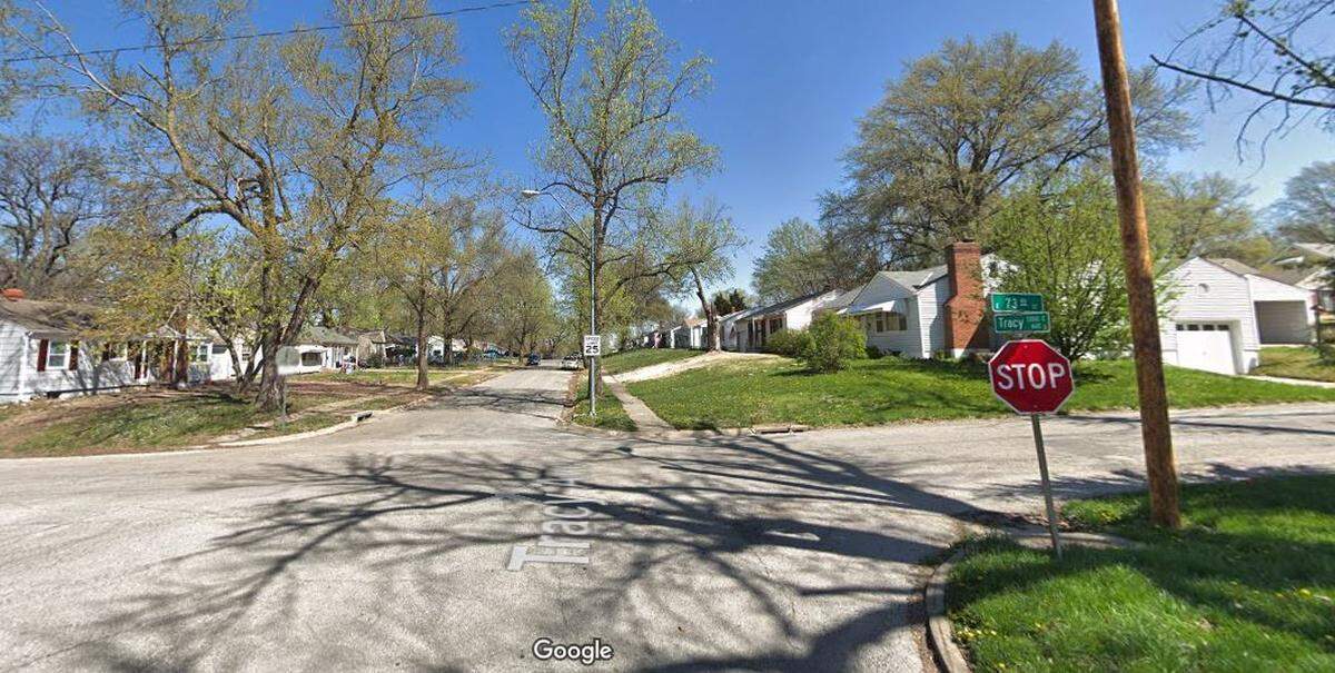 Officers responding to a shooting call Monday night found the victim with life-threatening injuries lying in the front entryway of a home near 73rd Street and Tracy Avenue in Kansas City.&nbsp;This Google Maps Street View image of the area is from April.