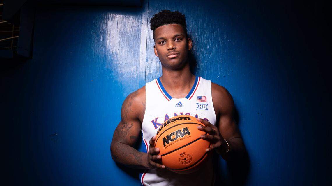 University of Kansas forward KJ Adams Jr. poses during media day at Allen Fieldhouse.