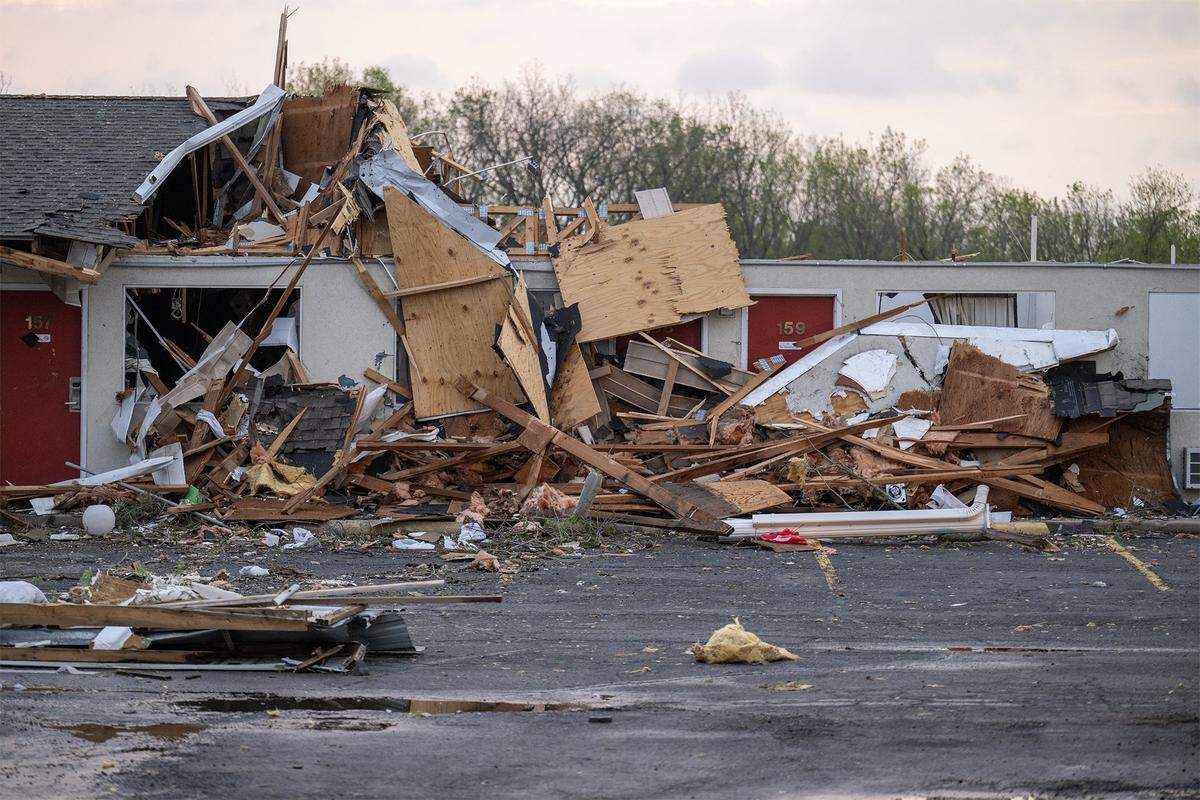 The Knights Inn, 1641 S. Main St., showed heavy damage on Tuesday, April 14, 2026, in Ottawa, Kansas, after a tornado moved through the town Monday night. No injuries were reported in Ottawa.