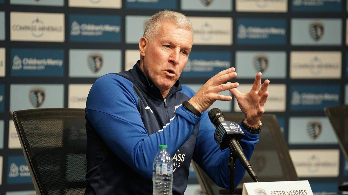 Sporting Kansas City manager Peter Vermes answers questions from media at Children’s Mercy Park on March 7, 2023.