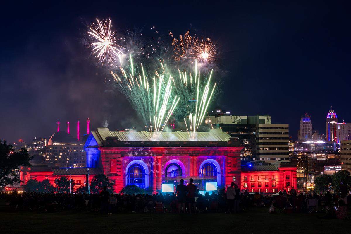 Fireworks explode over Union Station during the Kansas City Symphony's annual Celebration at the Station concert on Sunday, May 24, 2026, in Kansas City.