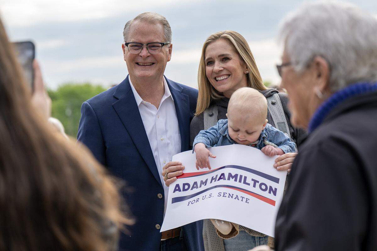 Rev. Adam Hamilton, senior pastor of the United Methodist Church of the Resurrection, greets supporters after delivering his remarks announcing his run for U.S. Senate at Harmon Park on Thursday, April 30, 2026, in Prairie Village.