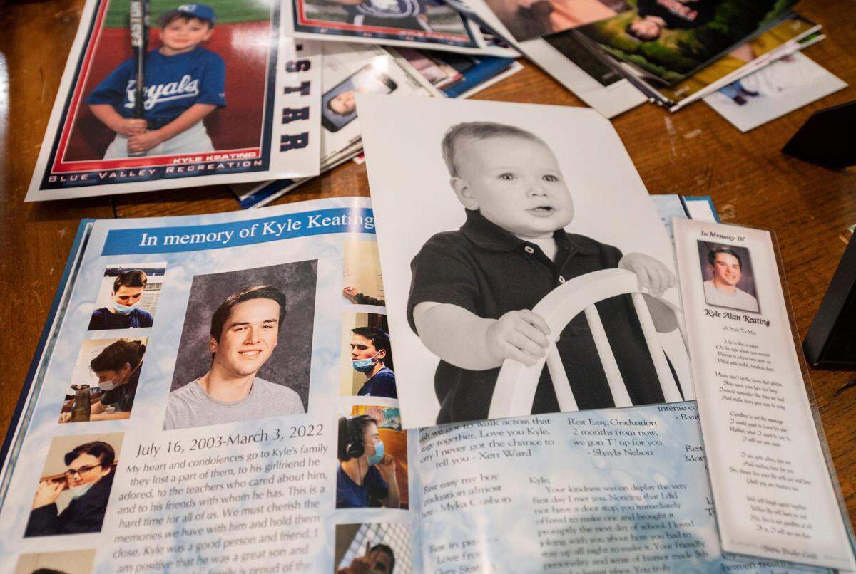 Family photos of Kyle A. Keating, 18, a motorcyclist, who was killed in a crash with RideKC bus in March.