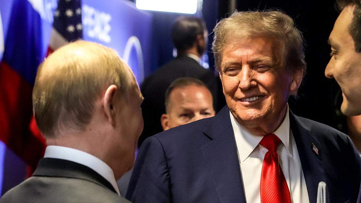 USA, ANCHORAGE - AUGUST 16, 2025: Vladimir Putin, President of Russia, and his US counterpart Donald Trump emerge after a joint press conference on their meeting at Joint Base Elmendorf-Richardson. Gavriil Grigorov/Russian Presidential Press and Information Office/TASS/Sipa USA