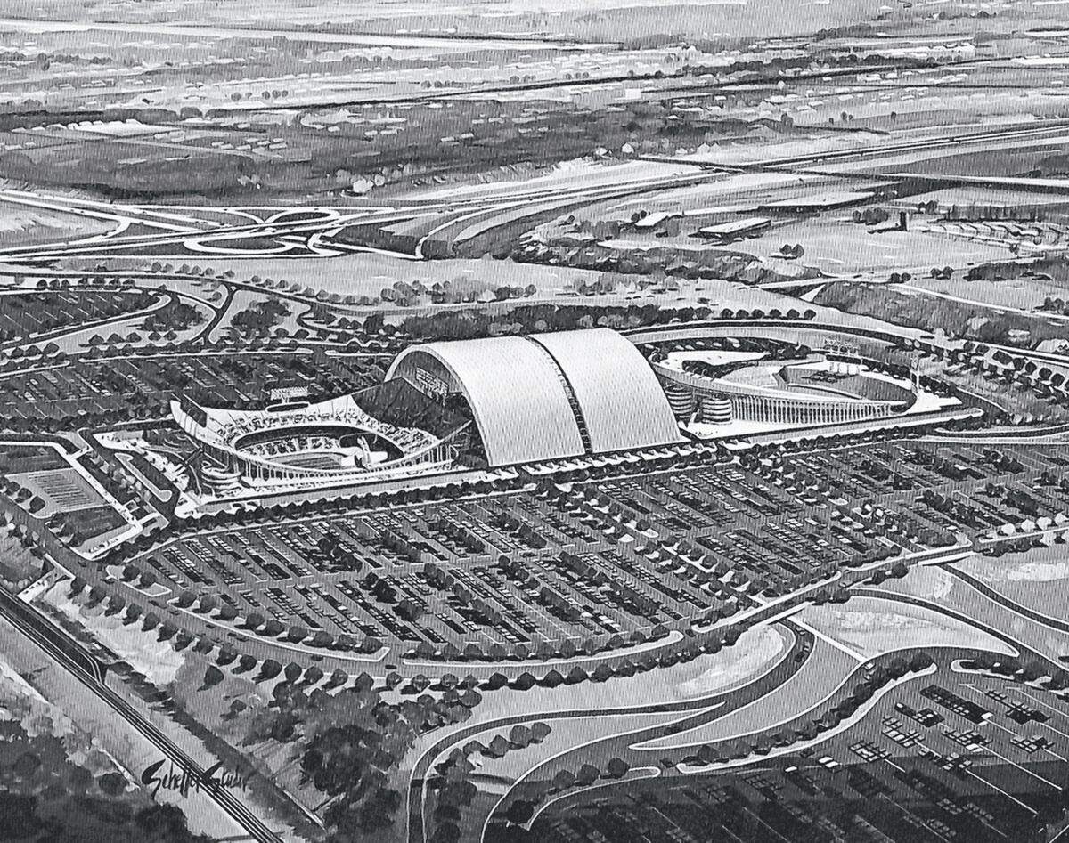 A designer’s concept from more than 50 years ago shows a rolling roof sitting on rails between the two stadiums at the Truman Sports Complex.