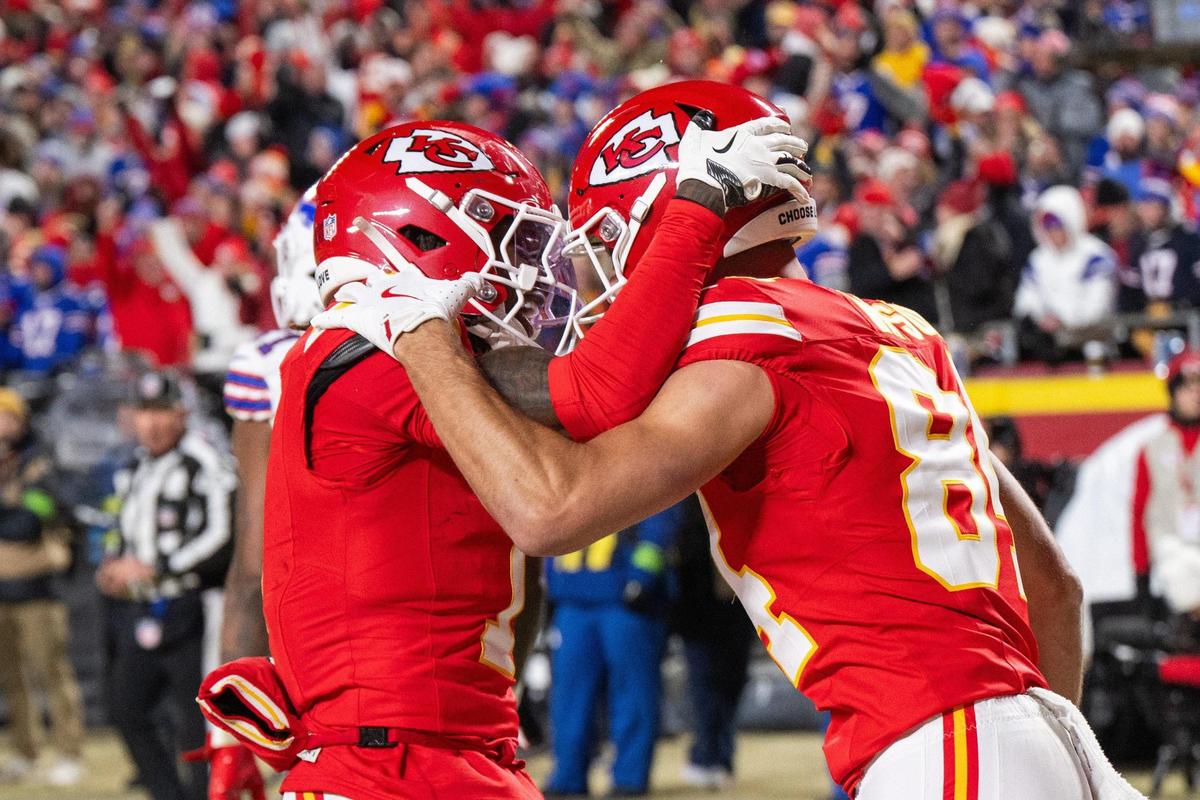 Kansas City Chiefs wide receiver Justin Watson celebrates with Kansas City Chiefs wide receiver Xavier Worthy after a fourth quarter two point conversion in the second half of the AFC Championship Game on Sunday, Jan. 26, 2025, at GEHA Field at Arrowhead Stadium.