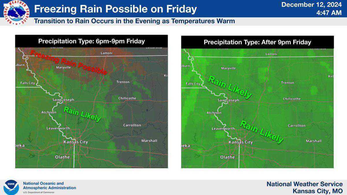 Cold air will linger across area leading to the possibility of freezing drizzle for areas north of a line from Kansas City’s Northland to Kirksville, Missouri, according to the National Weather Service. Northern Missouri is at a greater risk of seeing the freezing drizzle.