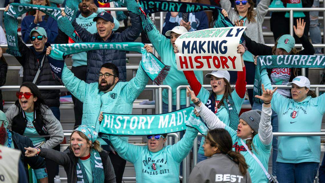 Fans cheered as the Kansas City Current celebrated on the field after they defeated the Portland Thorns, 5-4, in the home opener at the new CPKC Stadium on Saturday, March 16, 2024, in Kansas City.