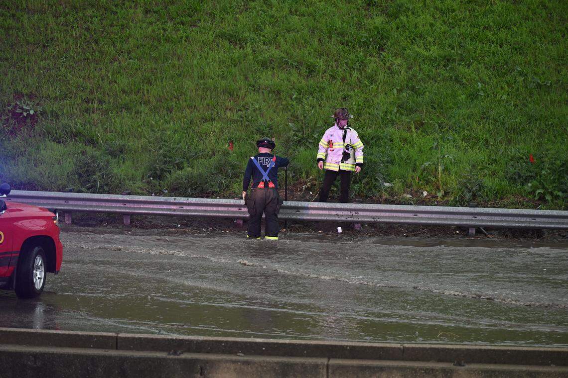 The Kansas City Fire Department assisted with flooding on Interstate 35 in Kansas City near the downtown loop on Friday, April 17.