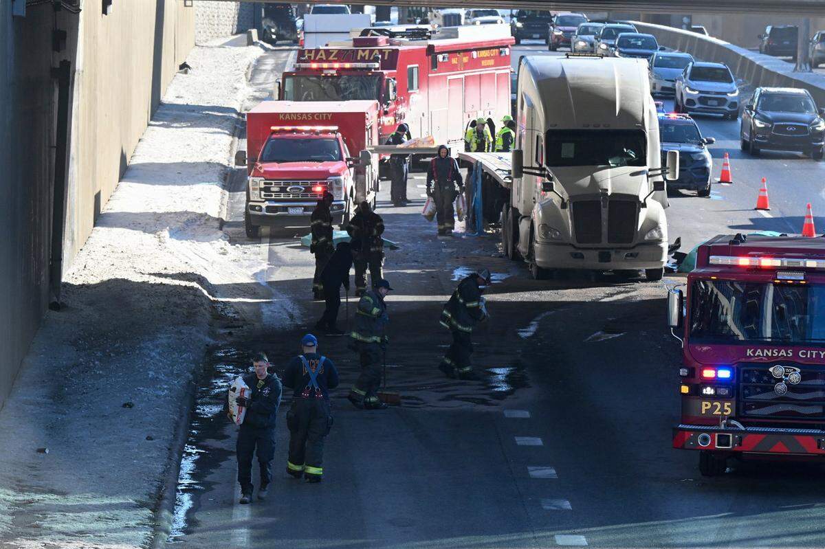 A semi-truck crash on westbound Interstate 670 on Tuesday, Jan. 27, 2026, closed several lanes of highway. Authorities said the vehicle's cargo fell from the truck, rupturing its left fuel tank. Hazmat teams were brought in for clean up.