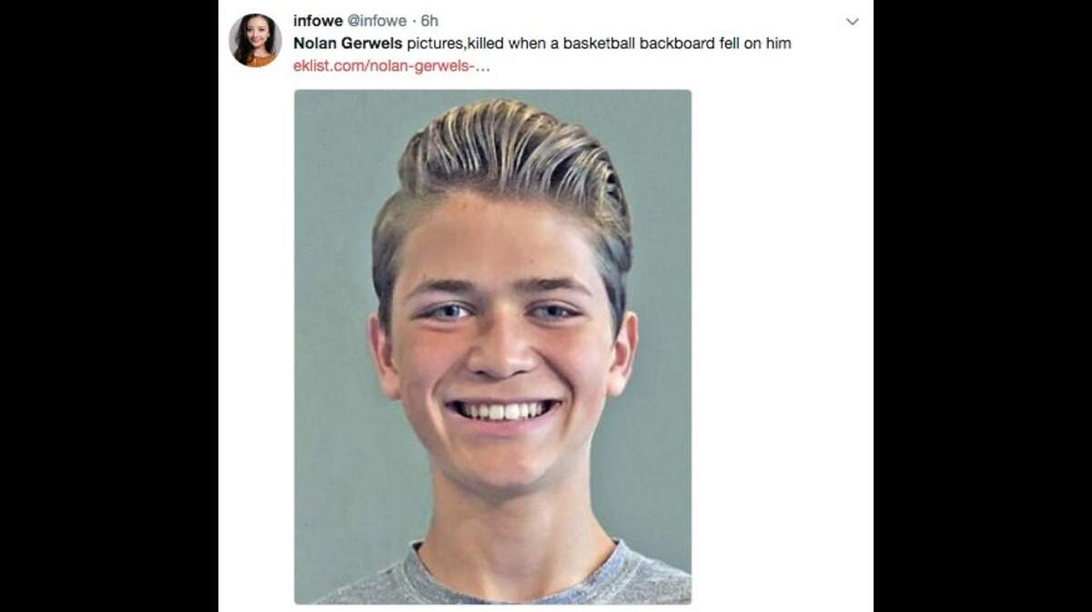Nolan Gerwels of Granger, Indiana, 14, and his little sister were playing basketball on an indoor court at their home Friday when the rim, backboard and brace came out of the wall and hit him on the head. Nolan died at the hospital.