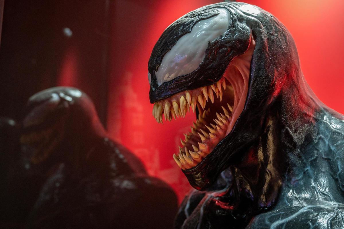 A life-size bust of the character, Venom, is seen on display during the “Spider-Man: Beyond Amazing” exhibit set up Monday at Union Station.